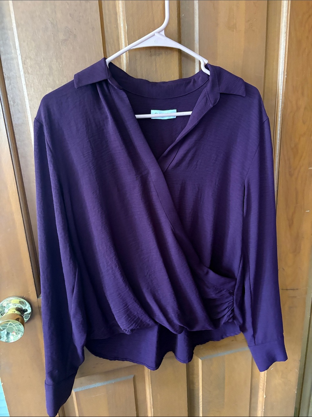 Calvin Klein Deep Purple Faux-Wrap Long Sleeve Blouse